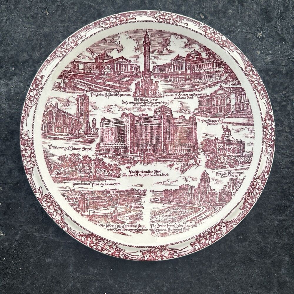 Vtg Vernon Kilns Chicago Plate Red Transferware Landmark USA 10”